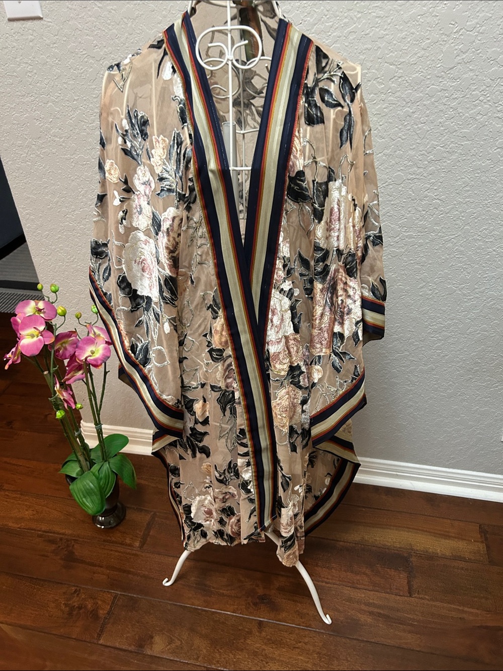 Aratta Beige Floral Velvet Kimono with Multicolor Stripe Trim